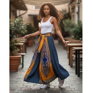 FT Inc Dashiki Print Extra Wide Leg Palazzo Pants OS Elastic Waist Cotton Boho